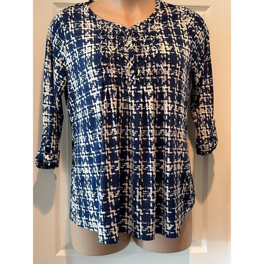Cocomo Women Blouse 1X Blue Plaid Knit 1/4 Button Empire Beachy Vacation Casual